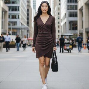 RW&CO | Deep Plum Marled Wrap-Style Ruched Sweater Dress | Large